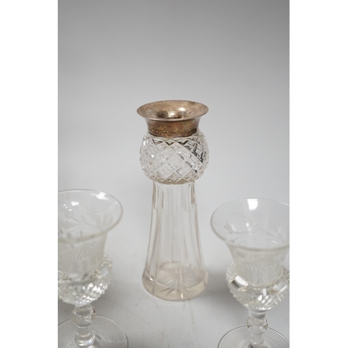 1397 - A late Victorian engraved thistle shaped liqueur decanter, 4 glasses and a pair of silver mounted ja... 