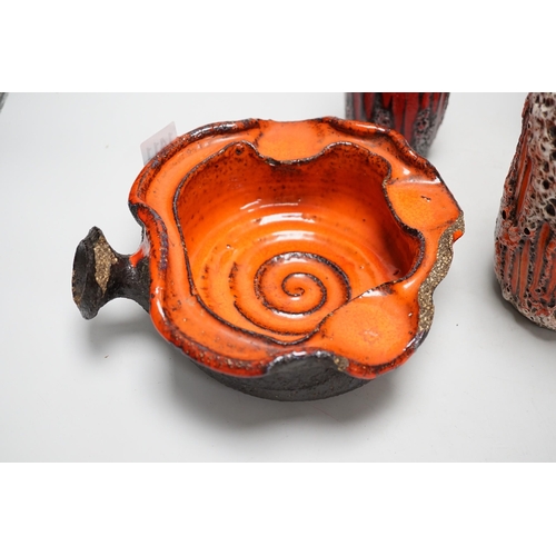 1411 - Set of four West German Art Pottery items; a Scheurich volcanic lava "Flame" ewer, no.275,... 