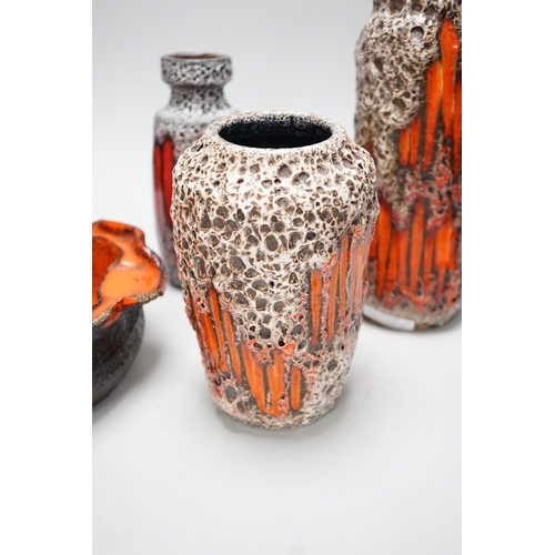 1411 - Set of four West German Art Pottery items; a Scheurich volcanic lava "Flame" ewer, no.275,... 