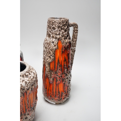 1411 - Set of four West German Art Pottery items; a Scheurich volcanic lava "Flame" ewer, no.275,... 