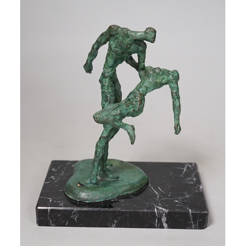 1416 - A bronze verdigris figure group of dancers, on marble plinth base, Alfa Arte label, 16cm tall