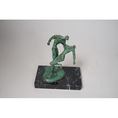 1416 - A bronze verdigris figure group of dancers, on marble plinth base, Alfa Arte label, 16cm tall