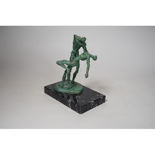 1416 - A bronze verdigris figure group of dancers, on marble plinth base, Alfa Arte label, 16cm tall