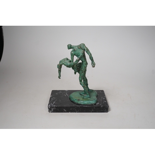 1416 - A bronze verdigris figure group of dancers, on marble plinth base, Alfa Arte label, 16cm tall