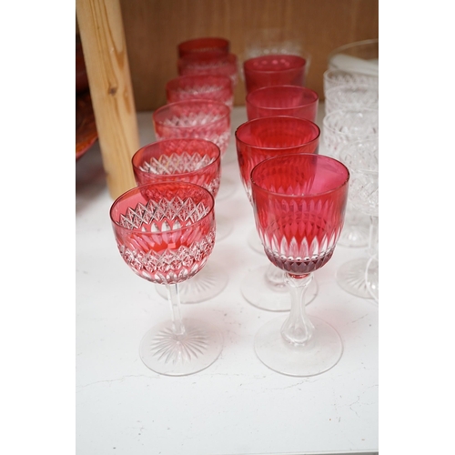 1427 - A set of cranberry flashed cut glass wine glasses, four others and  collection of mixed cut glass... 