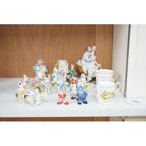 1444 - A small group of various porcelain figures etc. including Beatrix Potter and continental porcelain... 