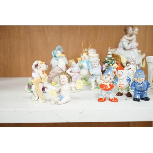 1444 - A small group of various porcelain figures etc. including Beatrix Potter and continental porcelain... 