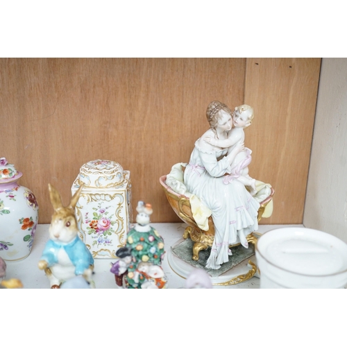 1444 - A small group of various porcelain figures etc. including Beatrix Potter and continental porcelain... 