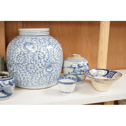 1445 - A group of 19th century blue and white jars, a stacking food box and two bowls, together with a cela... 