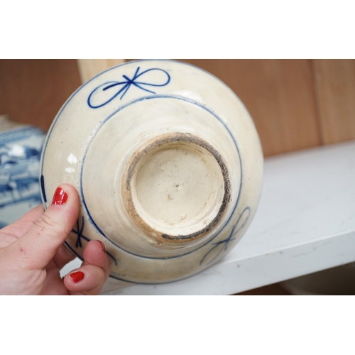 1445 - A group of 19th century blue and white jars, a stacking food box and two bowls, together with a cela... 