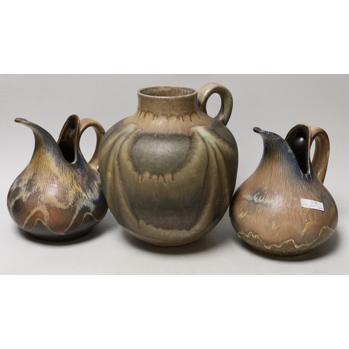 1451 - Three West German art pottery items; a pair of Dümler & Breiden, and a large ewer. Tallest 24cm... 