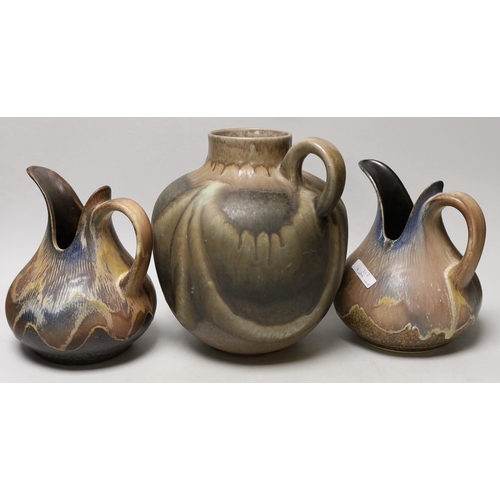 1451 - Three West German art pottery items; a pair of Dümler & Breiden, and a large ewer. Tallest 24cm... 