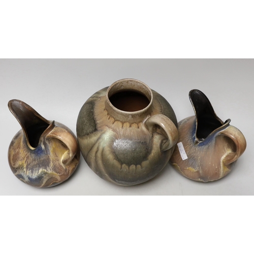 1451 - Three West German art pottery items; a pair of Dümler & Breiden, and a large ewer. Tallest 24cm... 