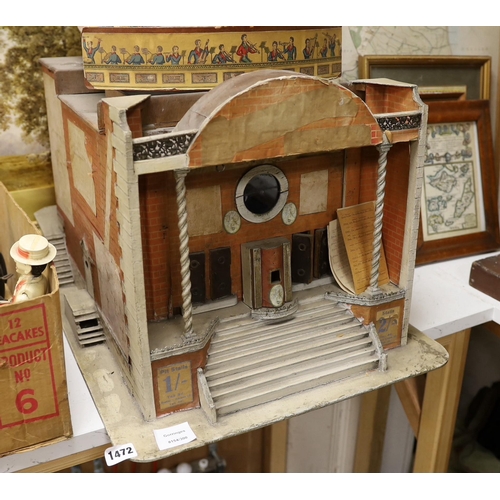 1472 - A scratch built model theatre building, 43 x 37cm, together with an interior stage