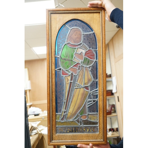 1497 - A pair of Victorian framed stained glass panels of St. Martin and St. Simon. 68.5cm tall