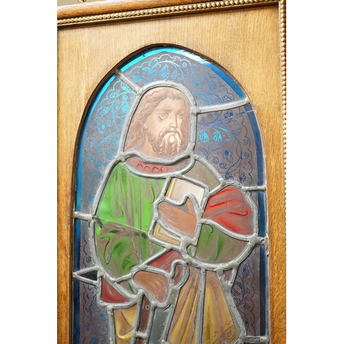 1497 - A pair of Victorian framed stained glass panels of St. Martin and St. Simon. 68.5cm tall