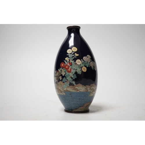 1506 - A Japanese Silver wire midnight blue cloisonné enamel vase. 12.5cm tall