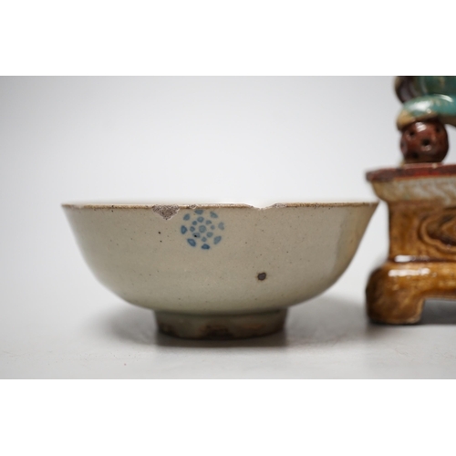 1507 - A 19th century Chinese Shiwan figure of a lion-dog and celadon glazed shallow bowl. Tallest 14cm... 