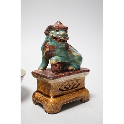 1507 - A 19th century Chinese Shiwan figure of a lion-dog and celadon glazed shallow bowl. Tallest 14cm... 