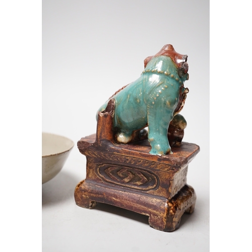 1507 - A 19th century Chinese Shiwan figure of a lion-dog and celadon glazed shallow bowl. Tallest 14cm... 