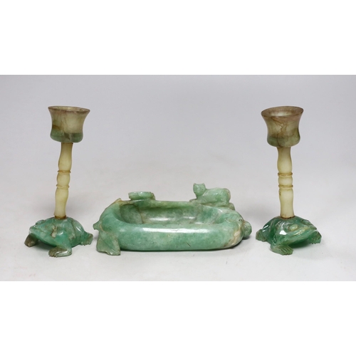 1511 - A pair of Chinese jade stemmed and green quartz candlesticks and a green quartz brushwasher, 12cms w... 