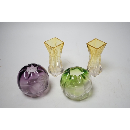 1517 - Two pairs of Moser wheel engraved coloured glass posy vases. Tallest 10cm