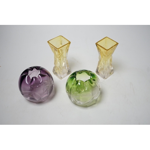 1517 - Two pairs of Moser wheel engraved coloured glass posy vases. Tallest 10cm