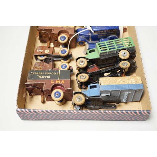 1524 - Rare pre-war Dinky toys including two 28-series, second-type delivery vans, Pickfords and Manchester... 