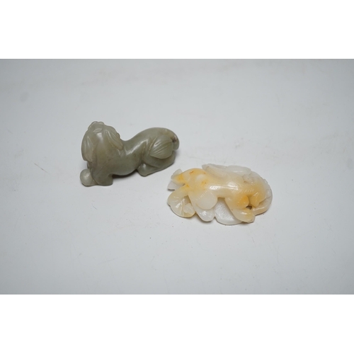 1548 - A Chinese white and russet Jade chilong carving and a celadon jade figure of a lion-dog,  7cm