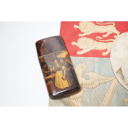 1550 - A 19th century Continental painted toleware cigar case and a Victoria Diamond Jubilee flag