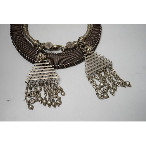 1570 - A Chinese Miao Hmong white metal wirework necklace and an Indian necklace