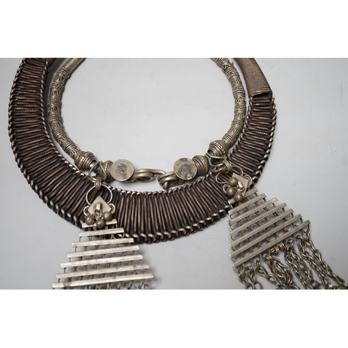 1570 - A Chinese Miao Hmong white metal wirework necklace and an Indian necklace