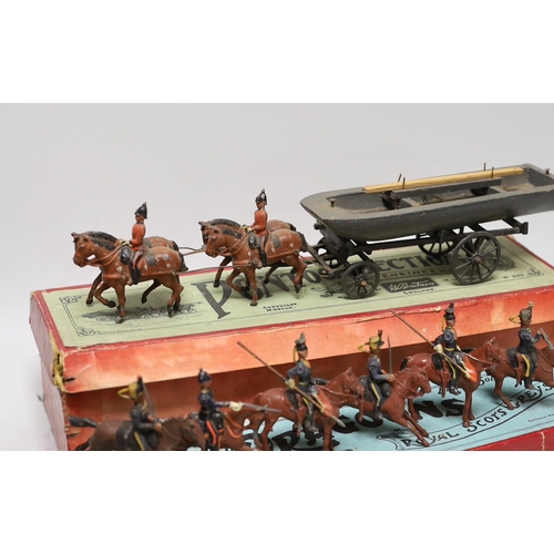 1582 - Britains set 203 Pontoon Section, in box, and Britains dragoons, now in set 32 box