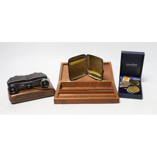 1585 - A pair of military binoculars, box of WWI and other medals, a silver card case and artist's box and ... 