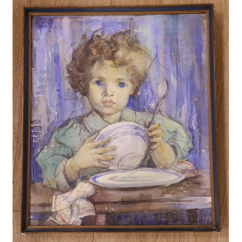 1653 - Roy Thompson, watercolour, Child holding a bowl, monogrammed, 45 x 38cm