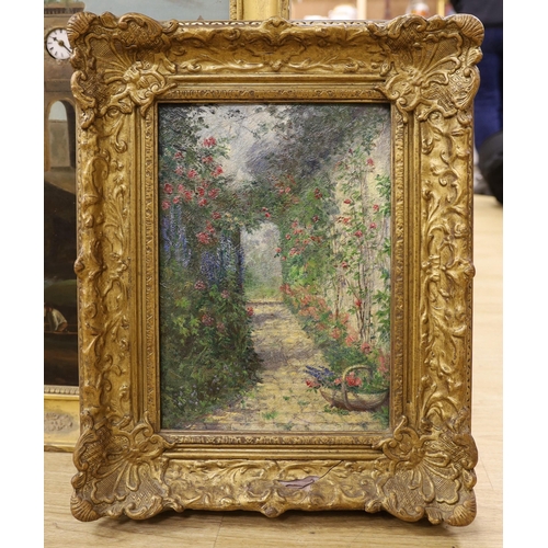 1655 - Ada Dennis R.O.I. (1862-1900), oil on board, 'In an Old World Garden', RI Exhibition label verso, 34... 