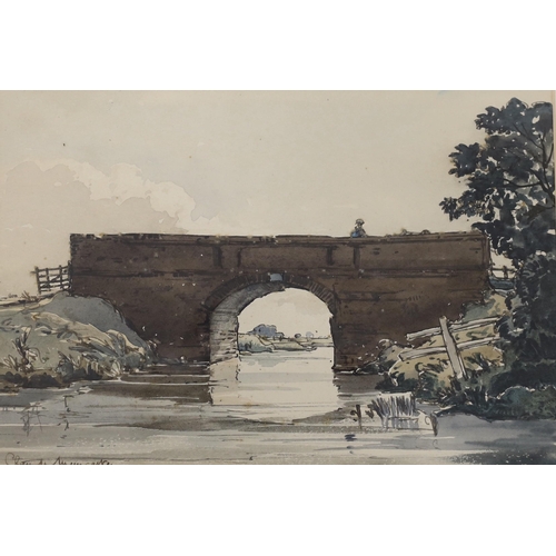 1658 - Claude Muncaster (1903-1974), ink and watercolour, Figure on a stone bridge, signed and dated 1920, ... 