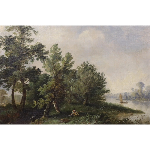 1669 - French School, oil on canvas, Angler in a landscape, 24 x 36cm