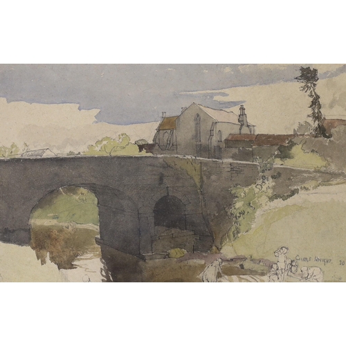 1670 - Charles Knight, 1901-1990, ink and watercolour, Labourers beside stone bridge, signed in pencil and ... 