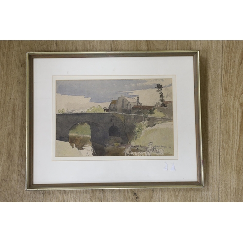 1670 - Charles Knight, 1901-1990, ink and watercolour, Labourers beside stone bridge, signed in pencil and ... 