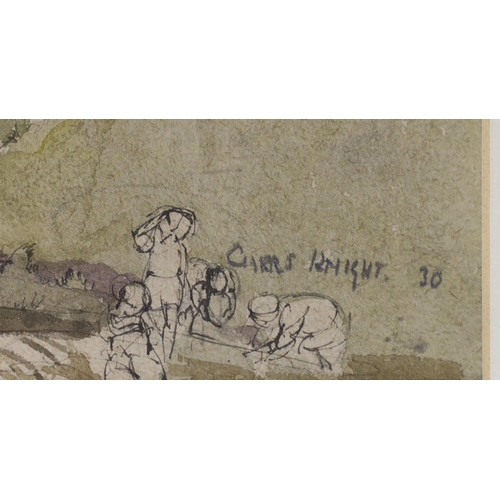 1670 - Charles Knight, 1901-1990, ink and watercolour, Labourers beside stone bridge, signed in pencil and ... 