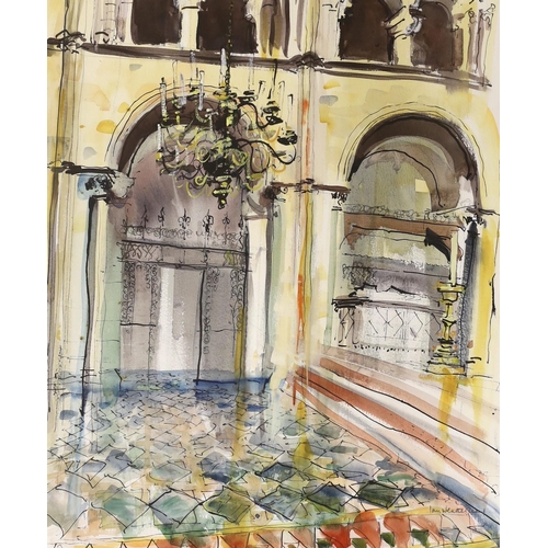 1696 - Ian Weatherhead (b.1932), ink and watercolour, Palazzo interior, signed, 50 x 40cm