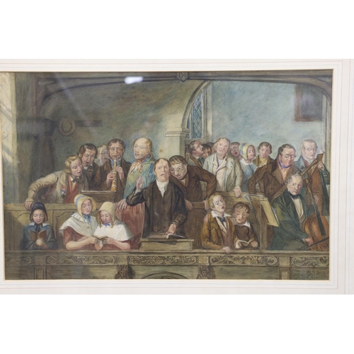 1698 - Three 19th century watercolours, 'Parish choir' by Webster, 31 x 49cm, Woman knitting by Miss Butler... 