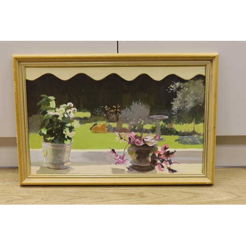 1701 - Modern British, oil on board, Pot plants with garden beyond, signed John?, 37 x 60cm