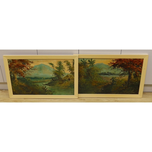 1711 - Asian School, pair of oils on canvas, River landscapes, 47 x 79cm