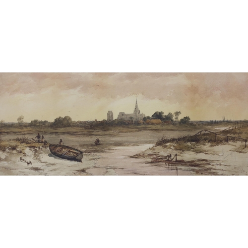 1715 - Richard Henry Nibbs (1816-1893), watercolour, Estuary at low tide with church in the distance, signe... 