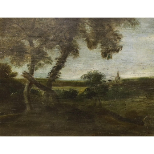 1724 - 19th century English School, oil on wooden panel, Church in a landscape, 40 x 51cm