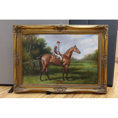 1730 - A modern oil on canvas, Portrait of a racehorse with jockey up, 60 x 90cm