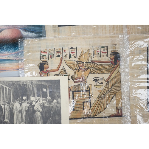 1731 - A group of assorted pictures and prints including Egyptian papyrus paintings, 41 x 33cm