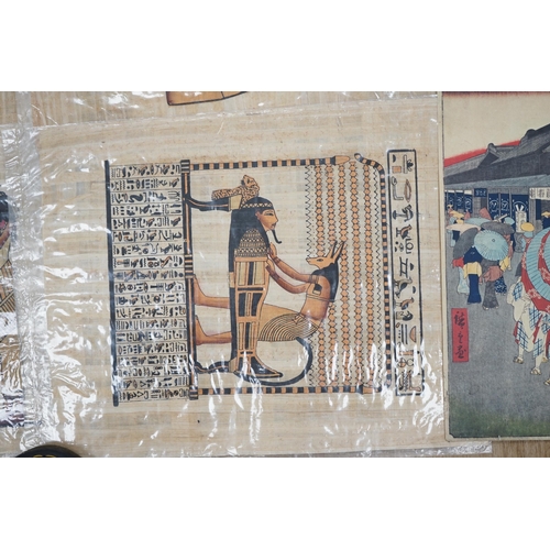 1731 - A group of assorted pictures and prints including Egyptian papyrus paintings, 41 x 33cm